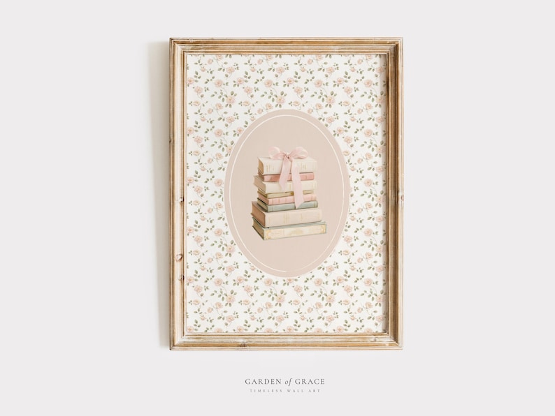 May include: A framed wall art print featuring a stack of books tied with a pink ribbon, set against a floral background. The artwork is enclosed in a distressed, light brown wooden frame, with the text "GARDEN OF GRACE" at the bottom.