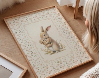 Floral Bunny with Baby Wall Art Print for Nursery | Pink and Sage Green Girl's Decor, Folk and Forest Rabbit Prints, Vintage Cottagecore Art