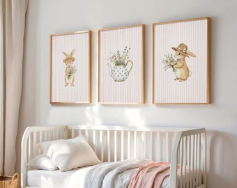 Vintage Bunny Nursery Wall Art Set of 3, Pink Rabbit Baby Girl Decor, Cottagecore Floral Bunny Prints, Storybook Art
