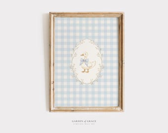 Silly Little Goose on Baby Blue Gingham Nursery Wall Art Set, Boy's Room Decor, Farm Animal Theme Print, Vintage Cottagecore Illustration