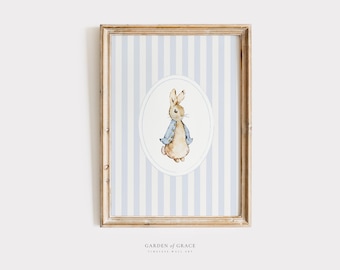Vintage Bunny Nursery Print | Blue Striped Rabbit Poster (Digital Download)