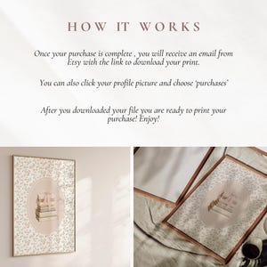 May include: A framed print featuring a stack of books within an oval design, set against a floral background. The print is displayed on a wall, with text above explaining how to download the print after purchase.
