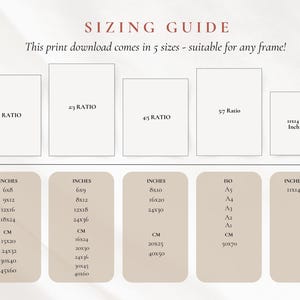 May include: A sizing guide for printable art, showing five different aspect ratios and their corresponding measurements in inches and centimetres. The ratios are 3:4, 2:3, 4:5, 5:7, and 11x14 inches.