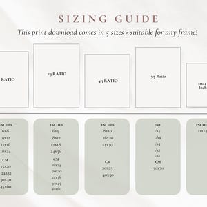 Op de afbeelding: Een matengids voor print downloads, met vijf formaten en afmetingen in inches en centimeters. Inclusief formaten zoals 15x20 cm, 30x40 cm en 28x35 cm, en ISO A-formaten.