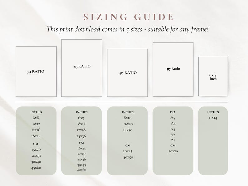 Op de afbeelding: Een matengids voor print downloads, met vijf formaten en afmetingen in inches en centimeters. Inclusief formaten zoals 15x20 cm, 30x40 cm en 28x35 cm, en ISO A-formaten.