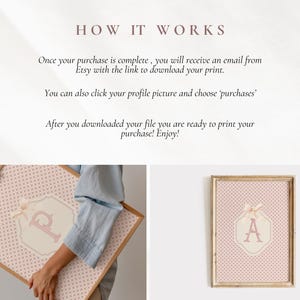 Puede incluir: Dos impresiones enmarcadas con un patr&oacute;n de lunares rosas y blancos. Una impresi&oacute;n presenta la letra "P" y la otra la letra "A", ambas en un marco decorativo. El texto "HOW IT WORKS" est&aacute; en la parte superior.