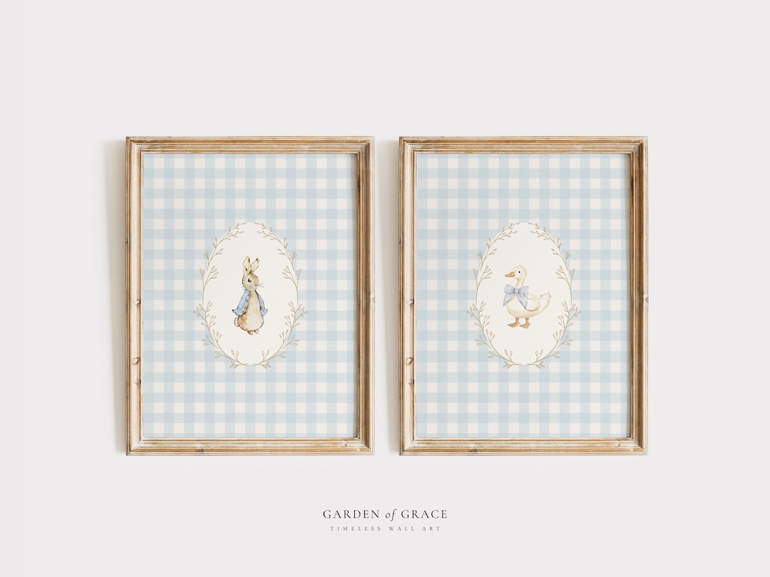 Bunny and Goose Nursery Print Set, Baby Blue Vintage Cottagecore Decor ...