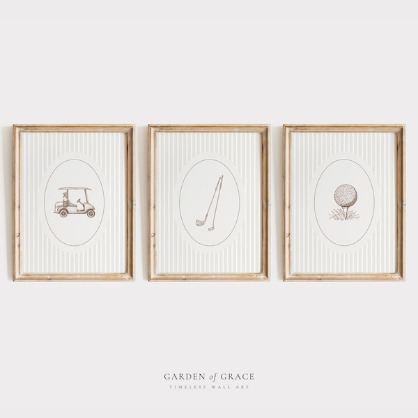 Vintage Golf Themed Nursery Wall Art Set of 3, Neutral Farmhouse Boy's Room Decor, Digital Download, Beige Golf Ball, Cart and Clubs Print