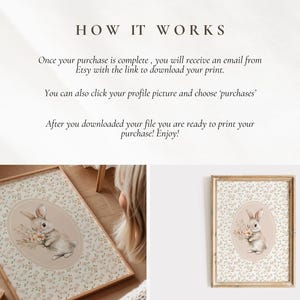 K&ouml;nnte beinhalten: Zwei gerahmte Kunstdrucke mit einer Aquarellillustration eines Hasen, der Blumen h&auml;lt. Die Drucke haben einen floralen Hintergrund und werden in Holzrahmen pr&auml;sentiert. Der Text oben lautet "HOW IT WORKS".