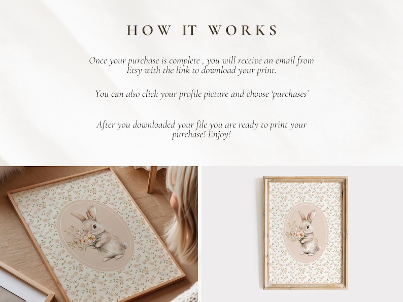 K&ouml;nnte beinhalten: Zwei gerahmte Kunstdrucke mit einer Aquarellillustration eines Hasen, der Blumen h&auml;lt. Die Drucke haben einen floralen Hintergrund und werden in Holzrahmen pr&auml;sentiert. Der Text oben lautet "HOW IT WORKS".