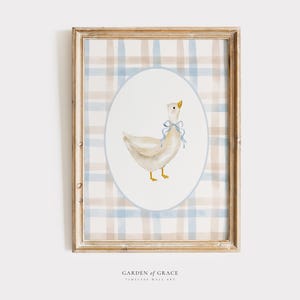 Silly Goose Nursery Wall Art | Farmhouse Boy&#39;s Room Decor | Duck Gingham Animal Print | Soft Blue Poster | Vintage Cute Goose Illustration