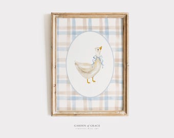 Silly Goose Nursery Wall Art | Farmhouse Boy's Room Decor | Duck Gingham Animal Print | Soft Blue Poster | Vintage Cute Goose Illustration
