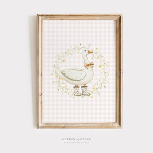 Silly Little Goose Nursery Wall Art, Duck Gingham Kid&#39;s Room Decor, Farm Animal Print, Floral Pink Poster, Vintage Farm Goose Illustration