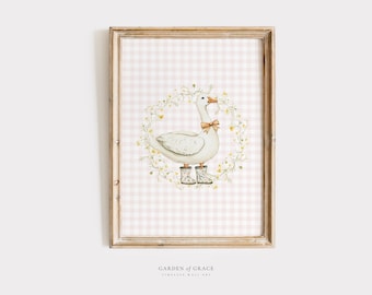 Silly Little Goose Nursery Wall Art, Duck Gingham Kid's Room Decor, Farm Animal Print, Floral Pink Poster, Vintage Farm Goose Illustration