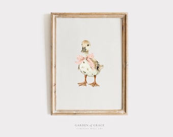 Duck Nursery Wall Art, Baby Animal Print, Pink Bow Duckling Illustration, Farm Nursery Decor, Neutral Kids Room Art, Printable Nursery Art