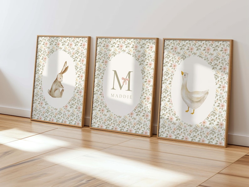 Custom Name and Initial Nursery Print Set, Personalized Gift, Vintage ...