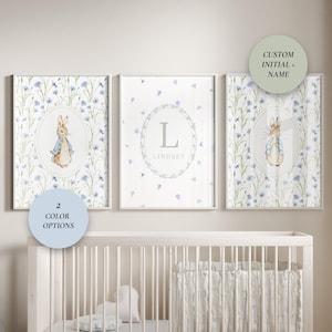 Benutzerdefinierte Initialen und Name Print 3er-Set, Kinderzimmer Name, personalisiertes Geschenk, Vintage Kaninchen Wandkunst, Kinder Spielzimmer Poster, Babypartygeschenk
