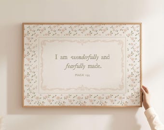 Wonderfully and Fearfully Made Psalm 139 Wall Art Print for Girl Nursery, Sage Green and Pink Floral Girl's Room Decor, Bible Verse Prints