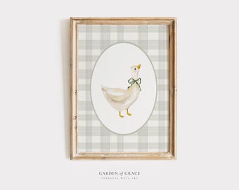 Silly Goose Nursery Wall Art | Farmhouse Kid's Room Decor | Duck Gingham Animal Print | Pale Green Poster | Vintage Cute Goose Illustration