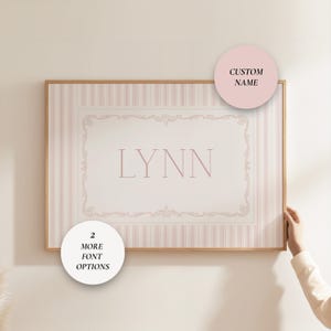 Rosa Kinderzimmer Baby Name Druck, personalisiertes Geburtsgeschenk, Vintage Wandkunst, gestreiftes Mädchen Spielzimmer Kunst, Baby-Dusche-Geschenk