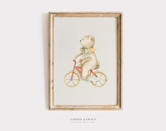 Cute Silly Circus Bear on Bike Nursery Wall Art | Farmhouse Kid's Room Decor Print | Neutral Color Beige Poster | Vintage Style Baby Art
