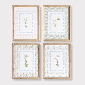 Pink and Blue Floral Chinoiserie Wall Art Print Set of 4 for Nursery, Vintage Toile Flowers Kid&#39;s Room Decor, Gender Neutral Nursery Prints