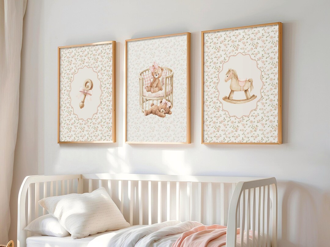 Vintage Baby Girl Nursery Wall Art Set of 3, Watercolor Teddy Bear ...