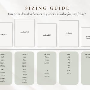 May include: A sizing guide for print downloads, showing five sizes with ratios and dimensions in inches and centimeters. Includes sizes like 6x8 inches, 12x16 inches, and 11x14 inches, with corresponding cm measurements.
