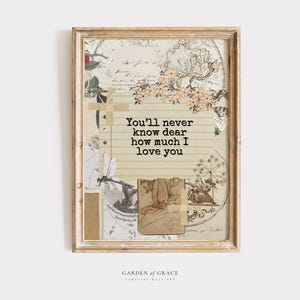 You&#39;ll Never Know Dear How Much I Love You Nursery Wall Art | Antique Scrap Kid&#39;s Room Decor Print | Vintage Beige Color Baby Quote