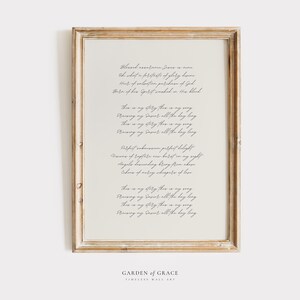 May include: A framed print with a white background and black text. The text is a poem that reads: "Blessed assurance, Jesus is mine, Oh what a foretaste of glory divine! Heir of salvation, purchase of God, Born of His Spirit, washed in His blood." This is my story, this is my song, Praising my Saviour all the day long. This is my story, this is my song, Praising my Saviour all the day long.  Perfect submission, perfect delight, Visions of rapture now burst on my sight. Angels descending bring from above, Echoes of mercy, whispers of love. This is my story, this is my song, Praising my Saviour all the day long. This is my story, this is my song, Praising my Saviour all the day long."