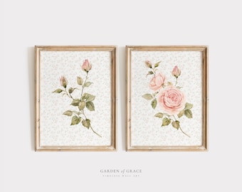 Juego de 2 impresiones artísticas de pared con diseño romántico de jardín de rosas para habitación de niña, decoración estilo cottagecore en rosa suave y verde, estampados florales vintage para niña.