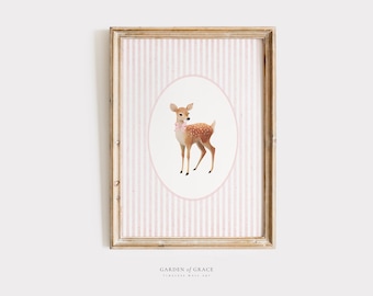 Forest Deer Nursery Wall Art | Soft Pink Girl's Room Decor | Printable Woodland Animal with Bow Print | Digital Vintage Cottagecore Poster