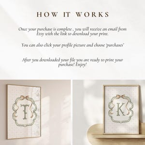 May include: Two framed prints with the letters "T" and "K" inside decorative frames. The prints are in a light color palette with a polka dot background and a bow at the top. The text "HOW IT WORKS" is at the top.