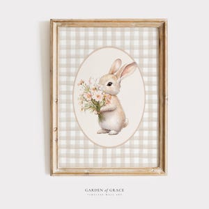 Lindo arte de pared para guardería de conejos / Decoración de habitación de niña con flores / Estampado de cuadros vichy florales / Póster de regalo para baby shower / Decoración de granja de conejos vintage