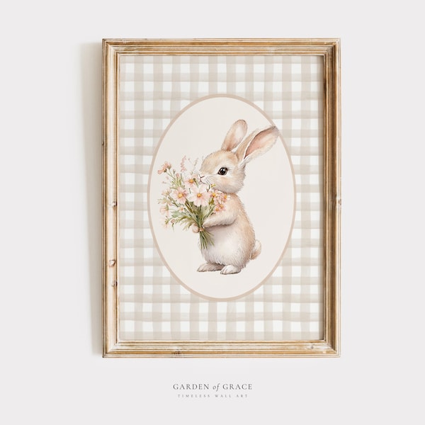 Vintage Bunny Nursery Print | Floral Gingham Wall Art (Digital Download)