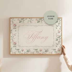 Impresión de nombre personalizada, impresión de nombre de bebé verde y rosa para guardería, regalo personalizado, arte de pared vintage, arte floral para sala de juegos de niña o regalo para baby shower.