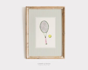 Tennis Racket Nursery Playroom Sport Wall Art, Country Club Girl Decor, Preppy Pink Print, Sage Green and Pink Prints