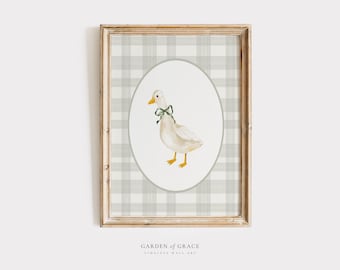 Silly Goose Nursery Wall Art | Farmhouse Kid's Room Decor | Duck Gingham Animal Print | Pale Green Poster | Vintage Cute Goose Illustration