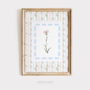 Pink and Blue Toile Flower Nursery Wall Art, Gender Neutral Chinoiserie Room Decor, Watercolor Grandmillennial Print, Floral Illustration