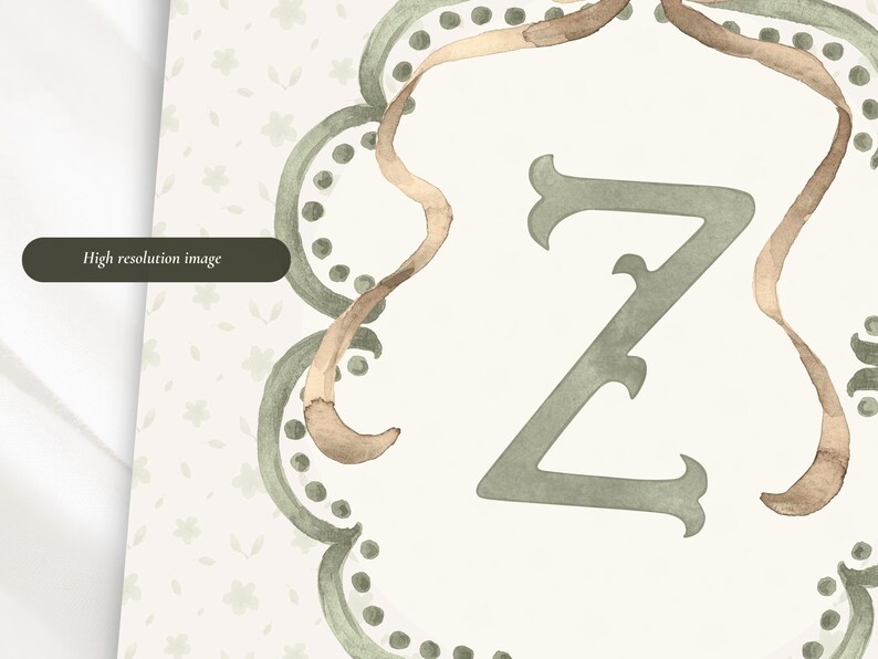 May include: Watercolor illustration of the letter "Z" in a decorative frame. The letter is a muted green, with a beige background and a light brown ribbon-like accent. The frame has a scalloped edge with small green dots. Text on the left says "High resolution image".
