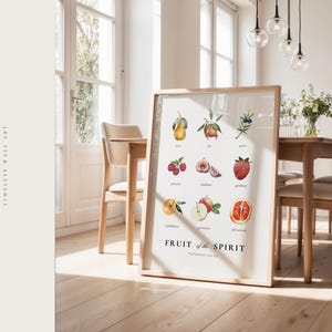 May include: A white framed print featuring a watercolour illustration of fruits representing the fruit of the spirit. The fruits are arranged in a grid with the name of each fruit and its corresponding virtue listed below. The text "FRUIT of the SPIRIT" is printed in black at the bottom of the print.