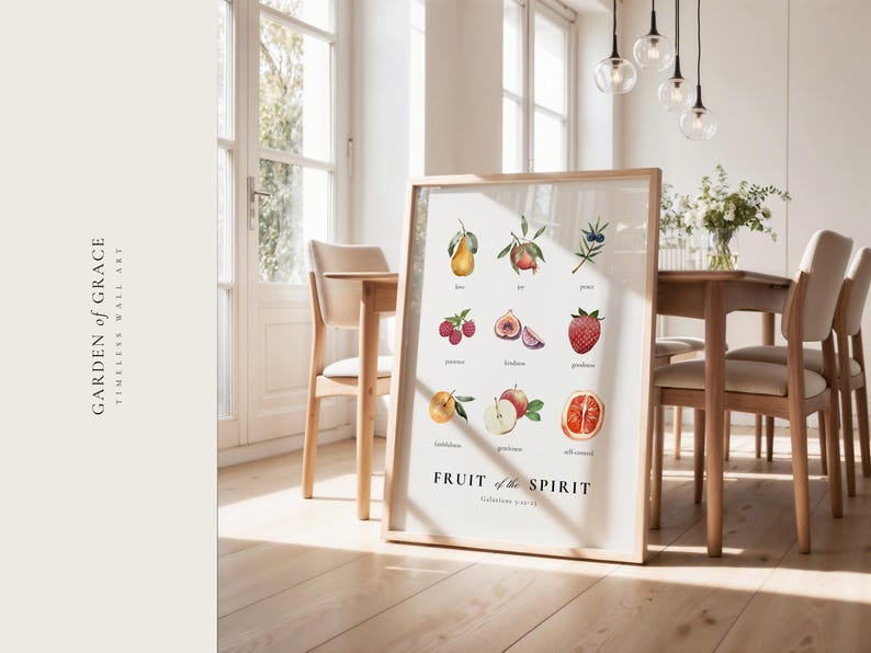 May include: A white framed print featuring a watercolour illustration of fruits representing the fruit of the spirit. The fruits are arranged in a grid with the name of each fruit and its corresponding virtue listed below. The text "FRUIT of the SPIRIT" is printed in black at the bottom of the print.