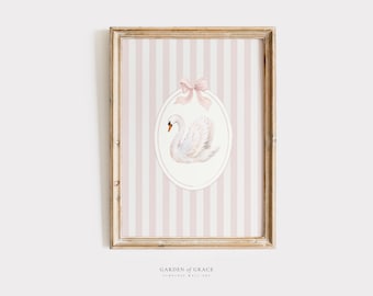 Stampa artistica da parete con cigno per cameretta / Decorazione per cameretta per bambine in stile cottagecore rosa cipria vintage / Stampe a tema balletto / Illustrazione con fiocco vintage per bambini