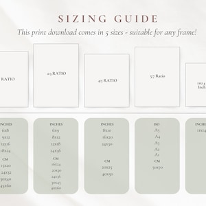 May include: A sizing guide with the text "SIZING GUIDE" and "This print download comes in 5 sizes - suitable for any frame!" The guide lists print sizes in inches and centimeters, including 6x8, 9x12, 12x16, 18x24, 11x14, and more.