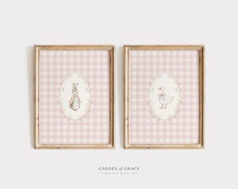 Bunny and Silly Goose Nursery Wall Art Set, Blush Pink Gingham Girl's Room Decor, Farm Animal Print, Vintage Cottagecore Rabbit Illustration