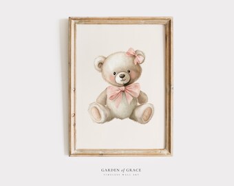 Teddy Bear with Bow Wall Art Print for Nursery, Girl Room Decor, Storybook Bear Prints (Digital Download)