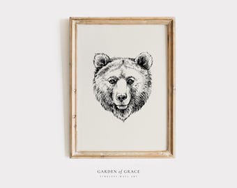 Vintage Bear Sketch Print,  Neutral Woodland Nursery Decor (Digital Download)