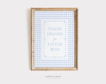 Thank Heaven for Little Boys Nursery Wall Art | Gingham Kid's Room Decor Print | Baby Blue Boy Poster | Blue Vintage Cottagecore Quote