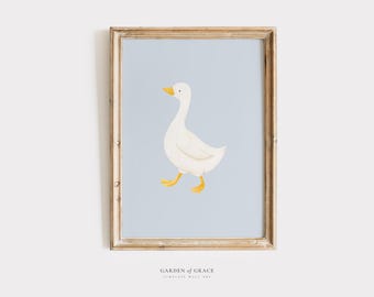 Silly Little Goose on Baby Blue Nursery Wall Art | Duck Boy Room Decor | Folk and Forest Print | Vintage Cottagecore Goose Illustration