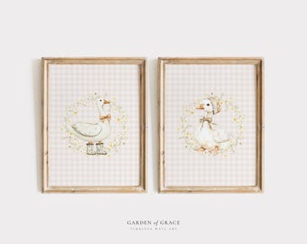 Floral Goose Nursery Art | Gingham Farmhouse Prints (Set of 2) (Digital Download)